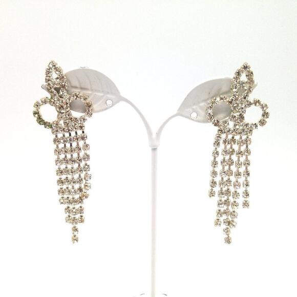 Vintage Rhinestones Dangle Post Earrings, Formal Earrings, Five Tassels, 3 Inch - Picture 1 of 7